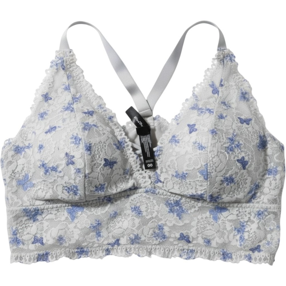 Torrid Bralette Women 00 White Blue Floral Butterfly Lace Wireless 16411595